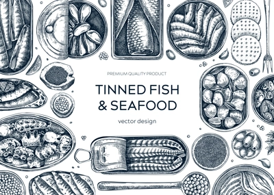 Tinned fish frame design. Seafood background with hand-drawn sardines, anchovy, mackerel, tuna, mussels in tin cans, fish canapes, olives, lemons drawings. Finger food party banner. Tinned fish sketch